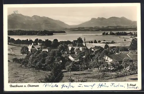 AK Breitbrunn a. Chiemsee, Ortsansicht, Chiemsee, Alpenpanorama