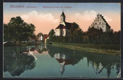 AK Krumbach i. Schwaben, Stadtpfarrkirche mit Schloss