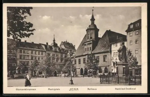 AK Jena, Bismarckbrunnen, Marktplatz, Rathaus, Hanfried-Denkmal