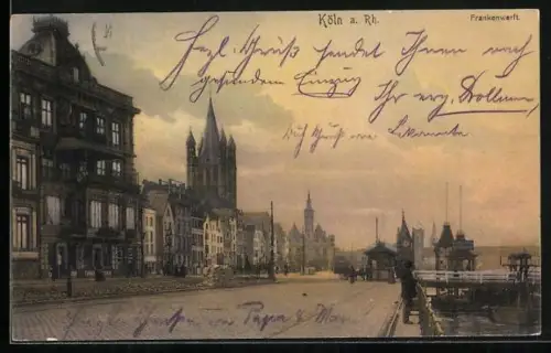 AK Köln a. Rh., Frankenwerft, Uferpartie mit Kirchturm