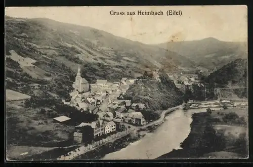 AK Heimbach /Eifel, Ortsansicht, Kirche, Fluss