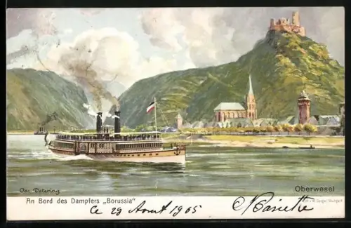 Künstler-AK Oberwesel, Dampfer Borussia, Panorama mit Burg am Rhein