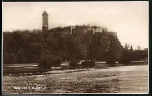 AK Halle a. S., Burgruine Giebichenstein vom Wasser aus