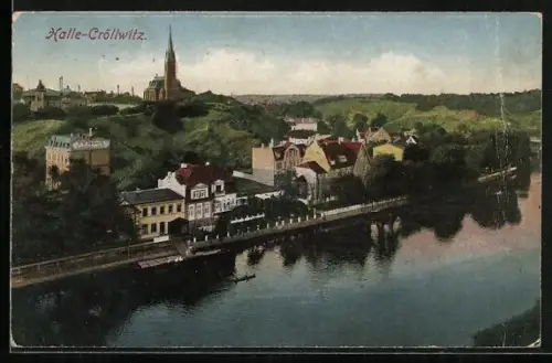 AK Halle-Cröllwitz, Blick auf Saaleufer und Kirche