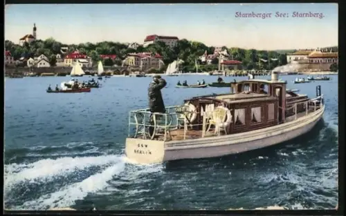 AK Starnberg, Dampfschiff auf dem Starnberger See, Uferpanorama