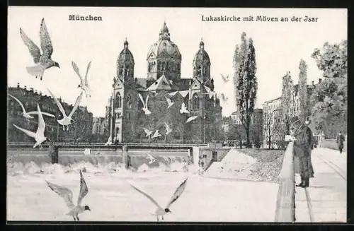 AK München, Lukaskirche mit Möwen an der Isar