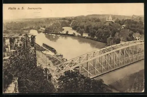 AK Halle a. S., Saalepartie mit Brücke