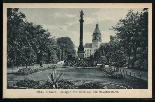 AK Halle a. Saale, Anlagen mit Blick auf das Hauptpostamt
