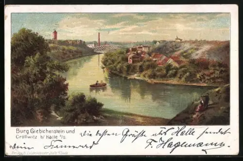 Künstler-AK Halle a. S., Burg Giebichenstein und Cröllwitz, Saaleansicht