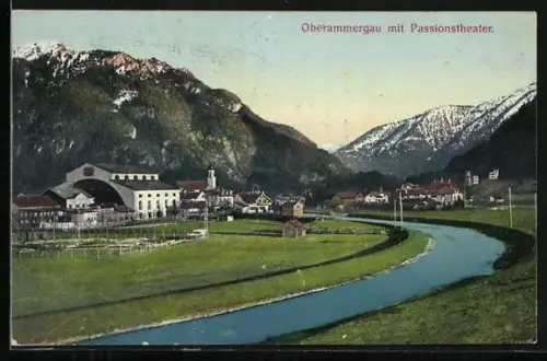 AK Oberammergau, Passionstheater, Fluss, Alpenpanorama