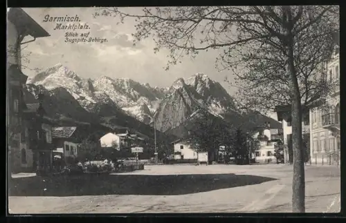 AK Garmisch, Marktplatz, Blick auf Zugspitz-Gebirge