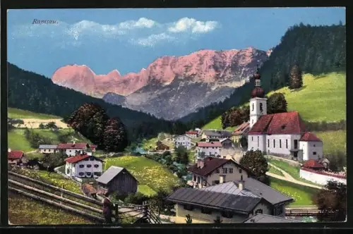 AK Ramsau / Berchtesgaden, Dorfansicht mit Kirche und Bergen