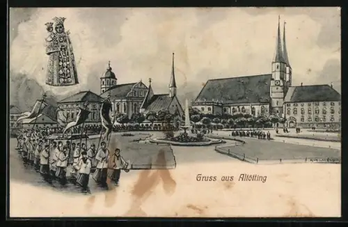 Lithographie Altötting, Kapellplatz, Gnadenkapelle, Stiftskirche, Prozession