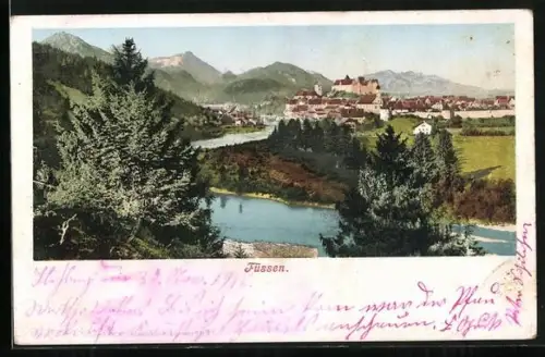 AK Füssen, Ortsansicht mit Fluss und Alpenpanorama