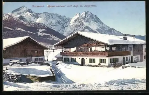 AK Garmisch, Bauernhäuser mit Alp- und Zugspitze im Winter