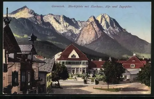 AK Garmisch, Marktplatz mit Kurhaus, Alp- und Zugspitze