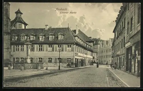 AK Ansbach / Bayern, Unterer Markt, Brunnen, historische Gebäude