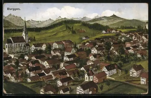 AK Burggen, Ortsansicht mit Kirche und Alpenpanorama