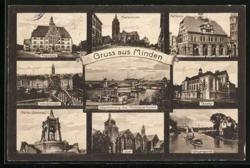 AK Minden / Weser, Regierung, Marienkirche, Rathaus, Weserbrücke, Dom, Theater, Weserpartie