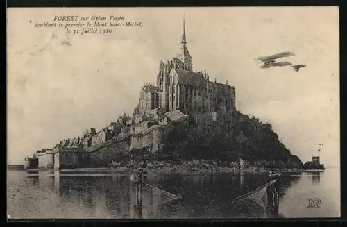 AK Mont Saint-Michel, Forest sur biplan Voisin survolant le Mont, 31 juillet 1910