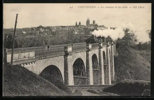 AK Coutances, Le viaduc et la ville avec train à vapeur