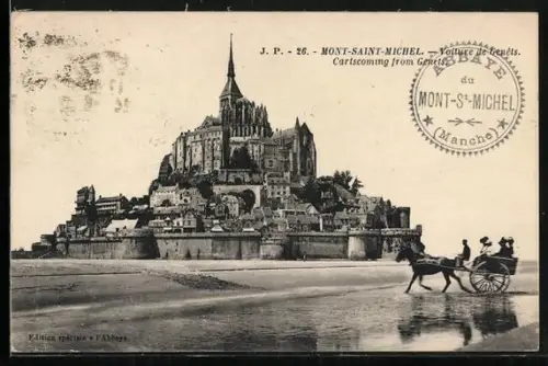 AK Mont-Saint-Michel, Vue générale de l`abbaye et du village avec une calèche au premier plan