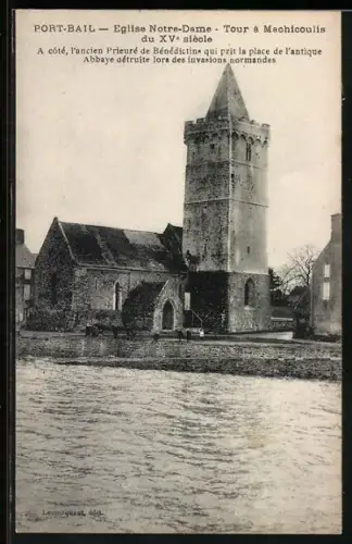 AK Port-Bail, Église Notre-Dame et tour à mâchicoulis du XVe siècle avec ancien prieuré bénédictin