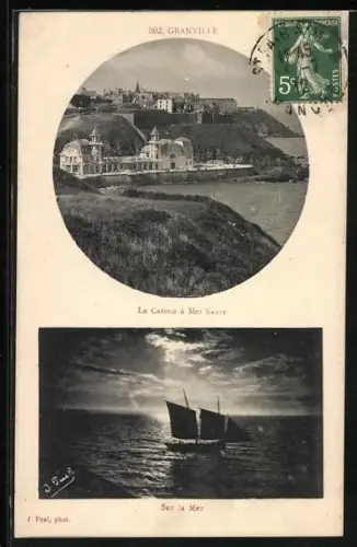 AK Granville, Le Casino à marée haute et voilier sur la mer