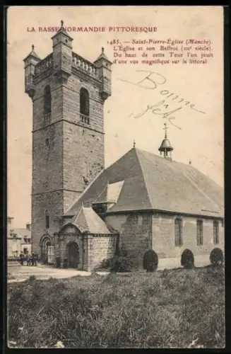 AK Saint-Pierre-Église /Manche, L`Église et son Beffroi du XVIe siècle avec vue sur le littoral