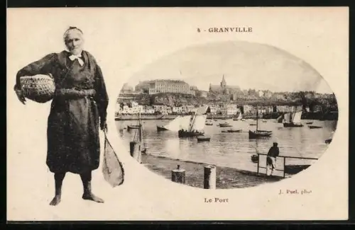 AK Granville, Le Port avec vue sur le village et une vendeuse locale