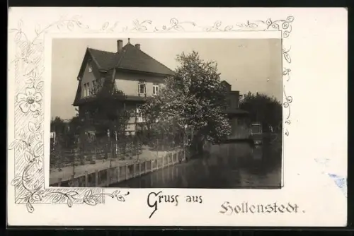 AK Hollenstedt / Leinetal, Uferpartie mit Wohnhaus, Passepartout
