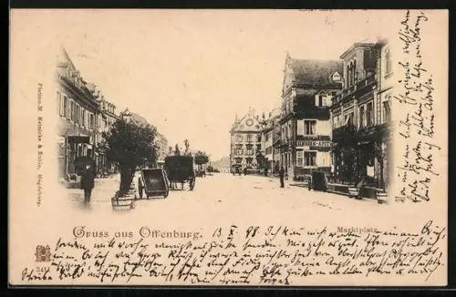 AK Offenburg / Baden, Marktplatz mit Geschäften, Einhorn-Apotheke