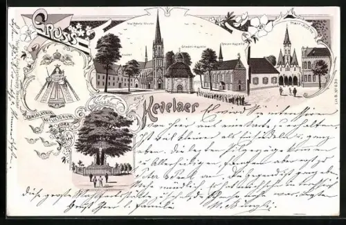 Lithographie Kevelaer, Wallfahrts-Kirche, Gnaden-Kapelle, Kerzen-Kapelle und Kloster, Pfarr-Kirche, Kreuz-Baum