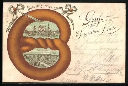 Passepartout-Lithographie Solingen, Burg und Riesenbrücke mit Burger Bretzel