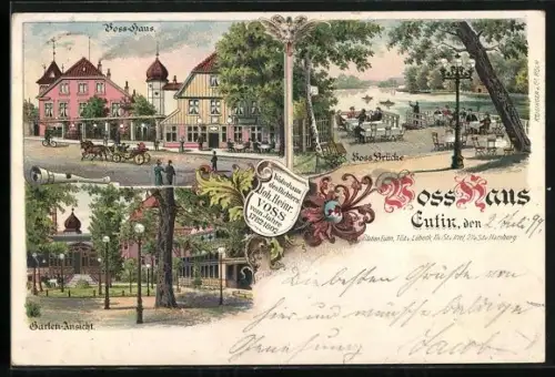 Lithographie Eutin, Wohnhaus des Dichters Joh. Heinrich Voss, Voss-Brücke, Gartenansicht