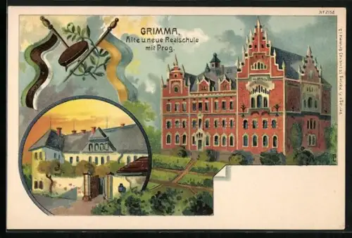 Lithographie Grimma, alte und neue Realschule