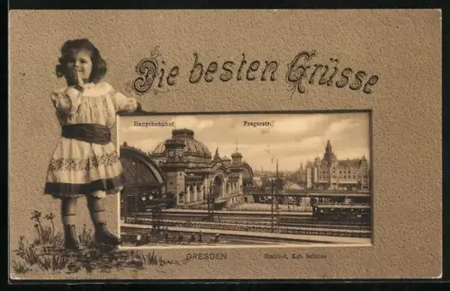 AK Dresden, Hauptbahnhof und Pragerstrasse
