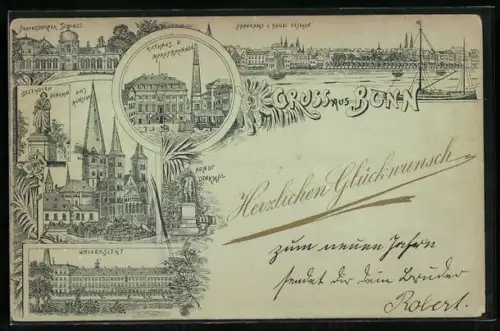 Lithographie Bonn, Rathaus und Marktbrunnen, Universität, Poppelsdorfer Schloss