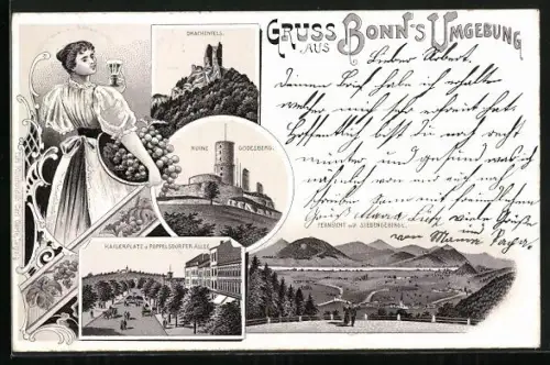 Lithographie Bonn, Drachenfels, Ruine Godesberg, Kaiserplatz