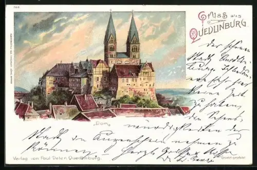 Lithographie Quedlinburg, Ortsansicht mit Dom