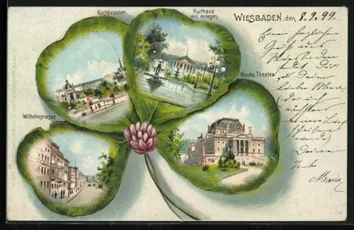 Passepartout-Lithographie Wiesbaden, Neues Theater, Kochbrunnen, Wilhelmstrasse, Kurhaus mit Anlagen, Kleeblatt