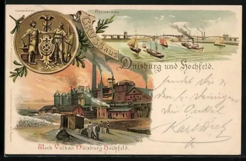 Lithographie Duisburg, Rheinbrücke, Werk Vulkan Duisburg-Hochfeld