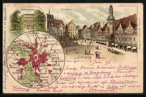 Lithographie Leipzig, Blick auf den Marktplatz, Neues Theater, Landkarte von Leipzig und Umgebung