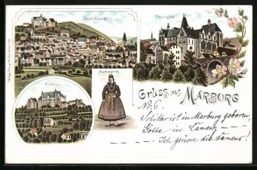 Lithographie Marburg, Totalansicht, Marburgerin, Universität