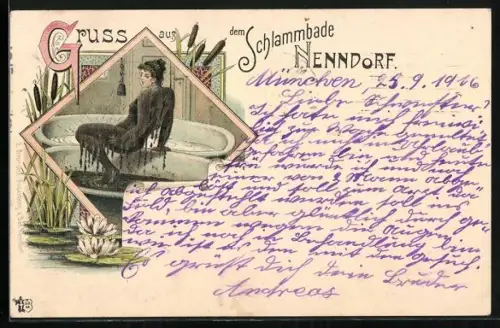 Lithographie Nenndorf / Bad, Frau im Schlammbad