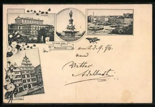 AK Hannover, Leibnitz-Haus, Theater, Ebhard-Brunnen