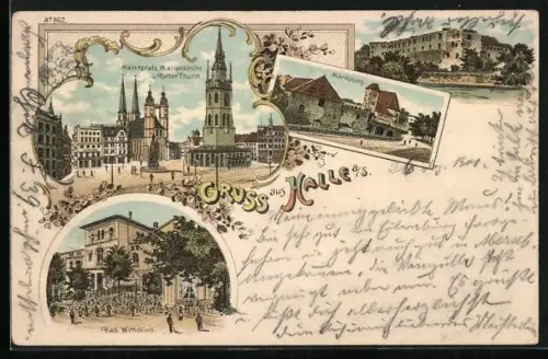 Lithographie Halle a. S., Hotel Bad Wittekind, Marktplatz Marienkirche und Roter Turm, Moritzburg
