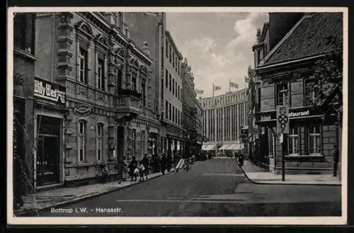 AK Bottrop i. W., Hansastrasse mit Restaurant und Uhrengeschäft
