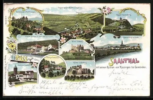 Lithographie Bad Kissingen, Ruine Trimburg, Ruine Sodenberg, Schloss Saaleck