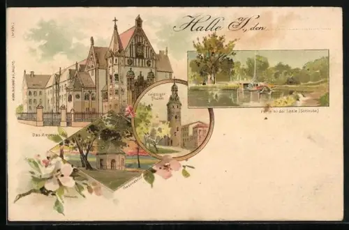 Lithographie Halle /Saale, Riebeckstift, Gesundbrunnen, Leipziger Turm